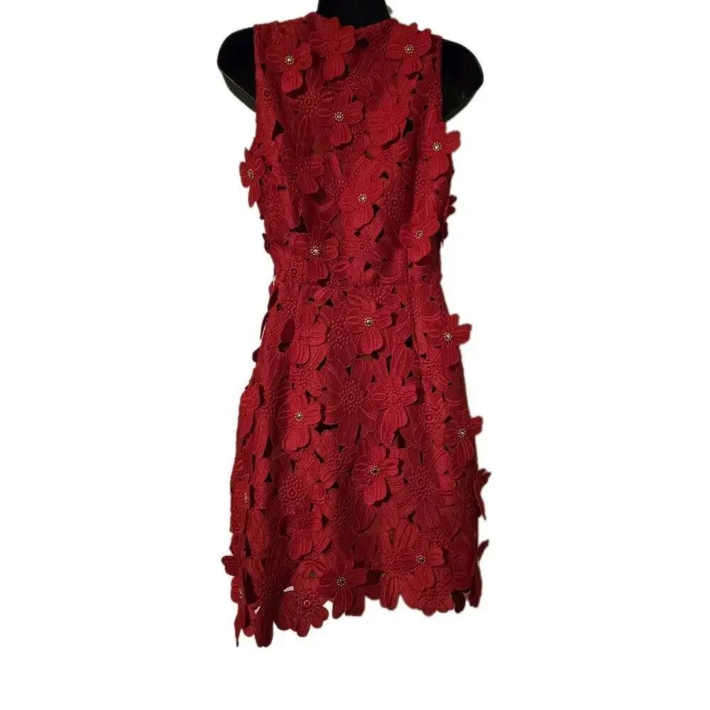 Michael Kors Red Floral Lace V Neck Sleeveless Mini Dress Size 0 NWT
